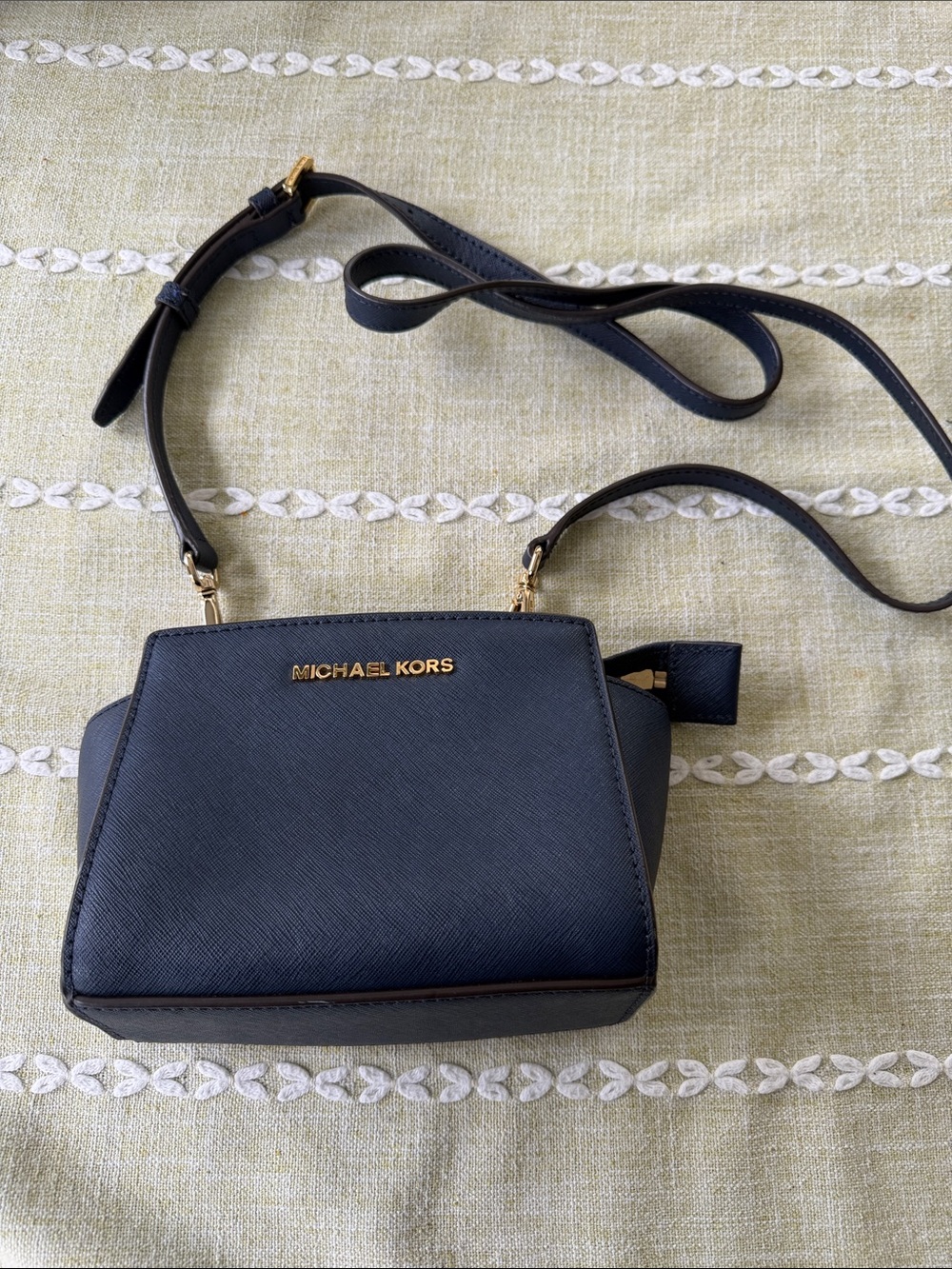 MICHAEL KORS Navy Saffiano Leather Crossbody with Gold Hardware